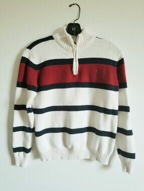 Tommy Hilfiger Boy’s White Navy and Red Striped Half-Zip Sweater